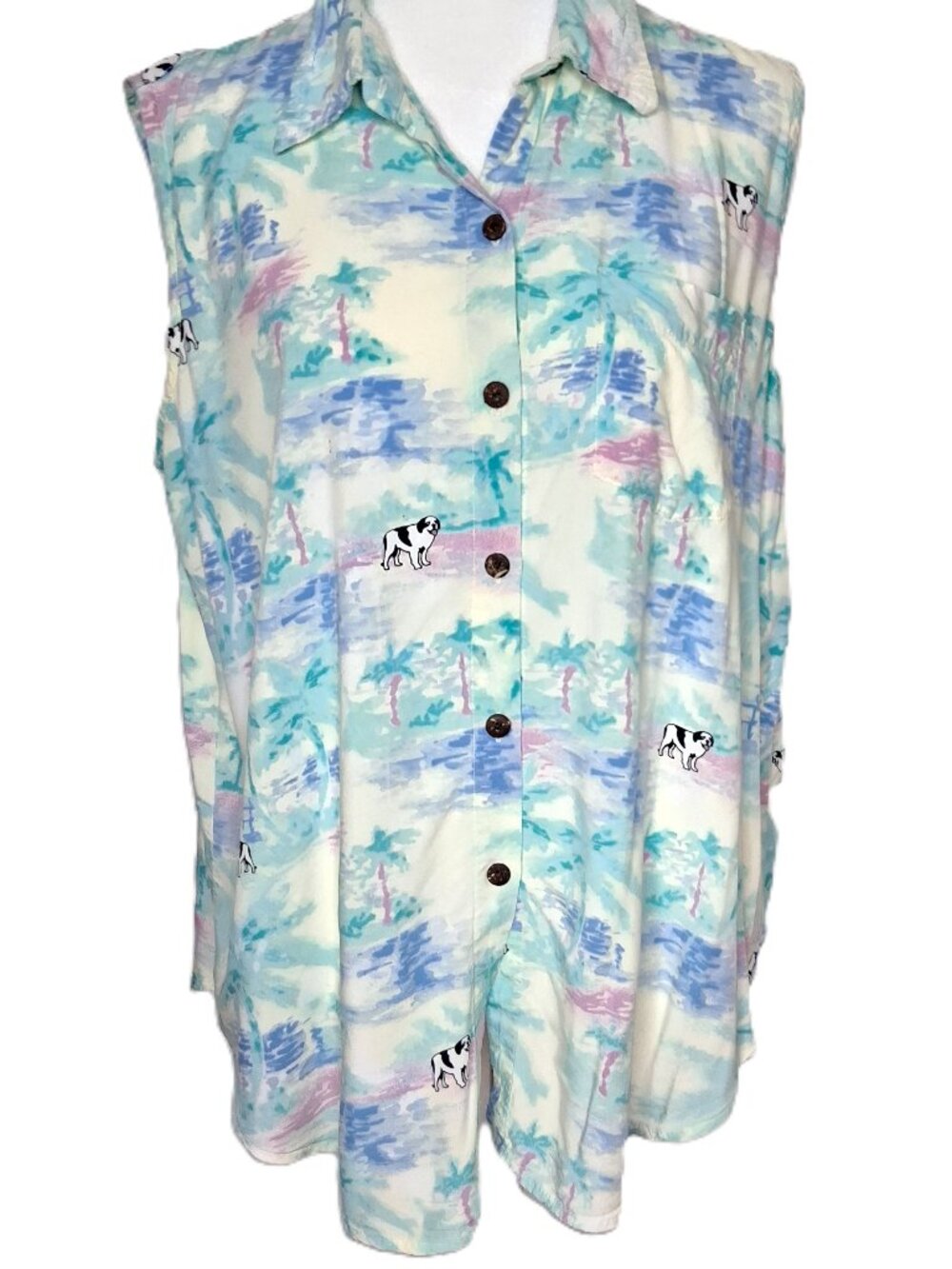 Vintage 90s Big Dog Pastel Landscape Print Sleeveless Blouse